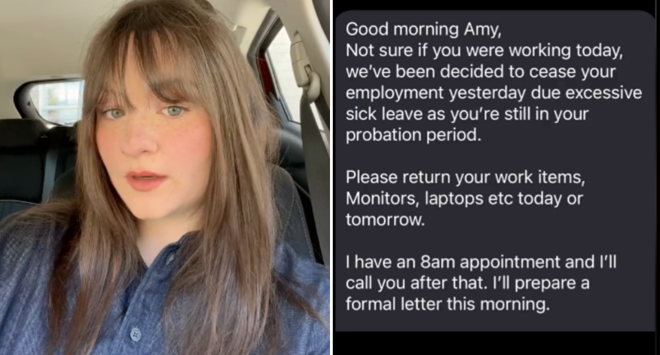 Left is an image of Amy talking in her TikTok. Right image is a screenshot of the text Amy shared which she says its from her employer.