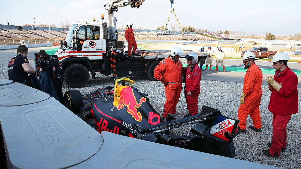 Accident of the Red Bull of Pierre Gasly during the Formula 1 test in Barcelona, on 19th February 2019, in Barcelona, Spain.(Photo by Joan Valls/Urbanandsport /NurPhoto via Getty Images)