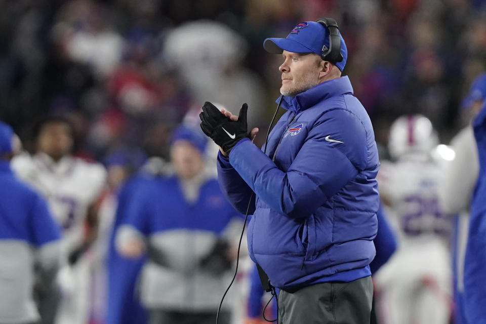 Buffalo Bills head coach Sean McDermott applauds towards his players during the first half of an NFL football game against the New England Patriots, Thursday, Dec. 1, 2022, in Foxborough, Mass. (AP Photo/Steven Senne)