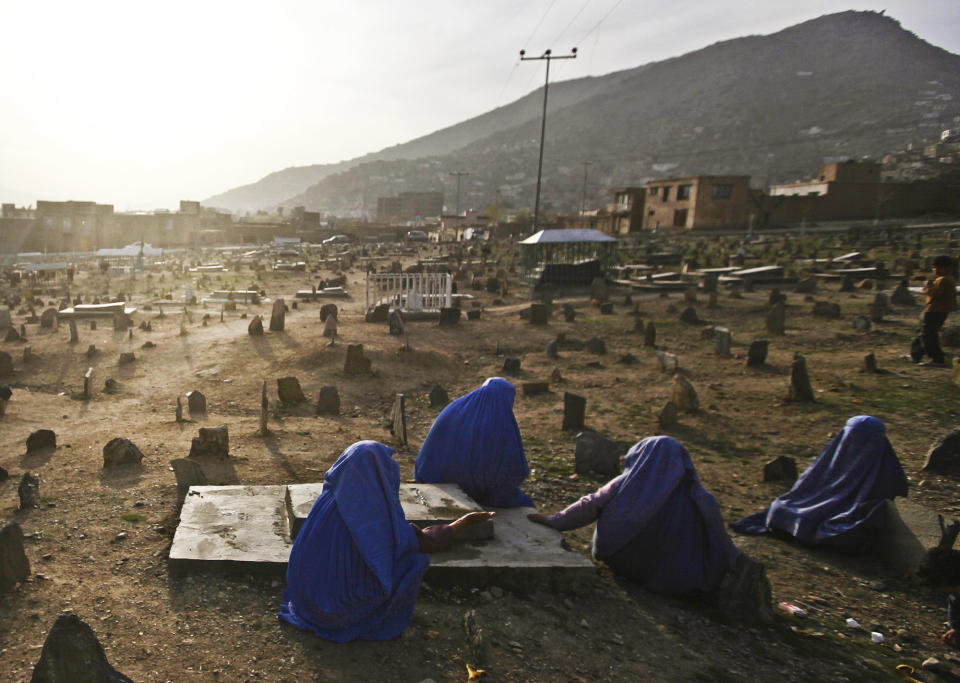 FILE - In this Saturday, March 20, 2010 file photo, Afghan women offer prayers at the grave of their relative in a grave yard in the outskirts of Kabul, Afghanistan. As the country braces for next year's presidential election and the planned withdrawal of most foreign combat troops by the end of 2014, the panel urges the U.S. government and its allies to work harder to promote religious rights in the war-torn nation. (AP Photo/Rafiq Maqbool, File)