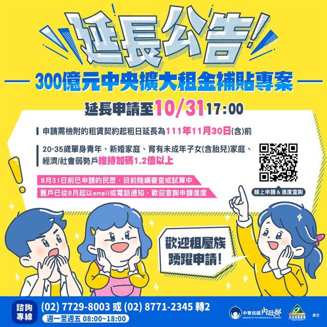 營建署經報請行政院同意，公告延長受理時間至今年10月31日下午5時止。（營建署提供）