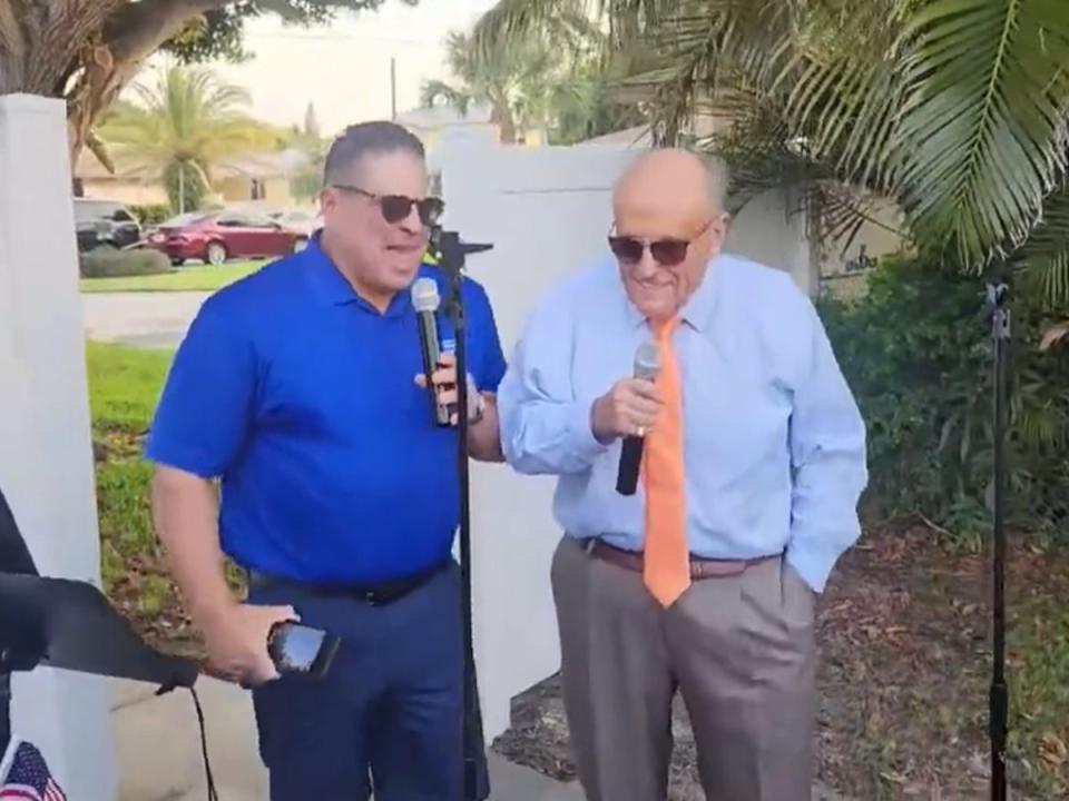 Rudy Giuliani sings 'New York, New York' at his birthday party in Palm Beach this past weekend. He was later served an indictment (Rudy W. Giuliani/America's Mayor Live (E410))