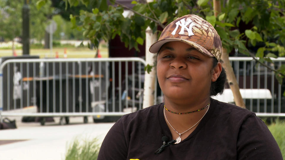 In this image from video, Arabia Simeon sits on a park bench during an interview with The Associated Press Friday, June 28, 2024, in Detroit. Simeon said after watching the presidential debate between Democratic incumbent Joe Biden and Republican challenger Donald Trump that "we're doomed no matter what." For many voters in the U.S., there's despair in the air after the presidential debate this past week. (AP Photo/Mike Householder)