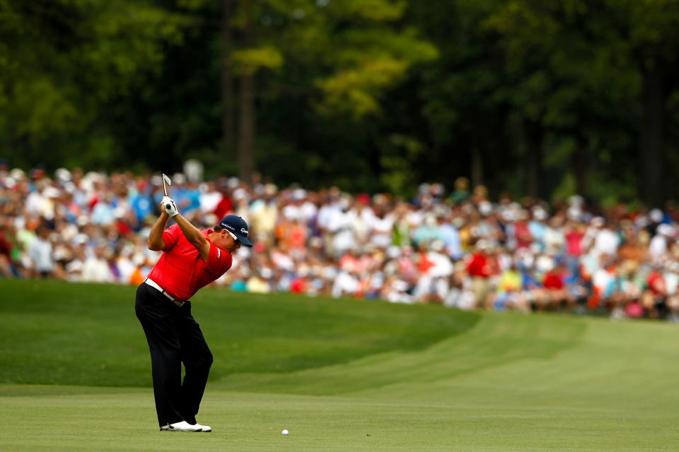 CHARLOTTE, NC - MAY 06: D.A. Points of the United States hits an approach shot on the third hole during the final round of the Wells Fargo Championship at the Quail Hollow Club on May 6, 2012 in Charlotte, North Carolina. (Photo by Streeter Lecka/Getty Images)