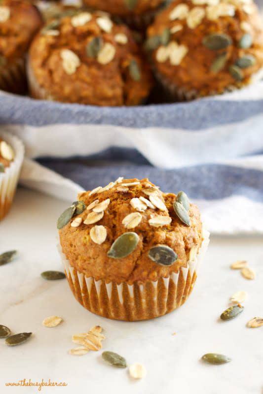 <p>The Busy Baker</p><p>These healthy pumpkin oat muffins are packed with real pumpkin, applesauce, and whole grain oats, making them one of the best healthy muffin recipes for fall! </p><p><strong>Get the recipe: <em><a href="https://thebusybaker.ca/pumpkin-oat-muffins/" rel="nofollow noopener" target="_blank" data-ylk="slk:Healthy Pumpkin Oat Muffins;elm:context_link;itc:0;sec:content-canvas" class="link ">Healthy Pumpkin Oat Muffins</a></em></strong></p>