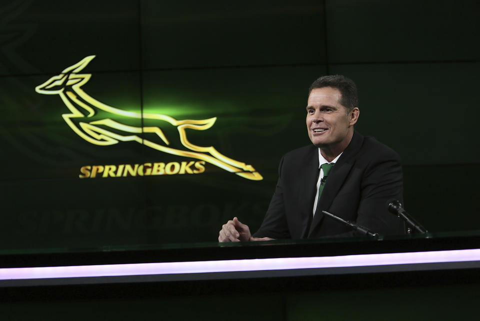 FILE - Newly-named Springbok rugby coach, Rassie Erasmus, at a news conference in Johannesburg, Thursday, March 1, 2018. One of the surprises of the Rugby World Cup pool stage was the only team not to concede a yellow or red card: South Africa. The defending champion Springboks were also one of the least penalized — 34, which put them among the top six teams. The least penalized was France, whom the Springboks face in the quarterfinals on Sunday, Oct. 15, 2023, at Stade de France. (AP Photo, File)