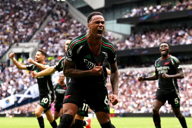 Arsenal’s Gabriel celebrates scoring their side’s first goal of the game during the Premier League match at Tottenham Hotspur Stadium, London.