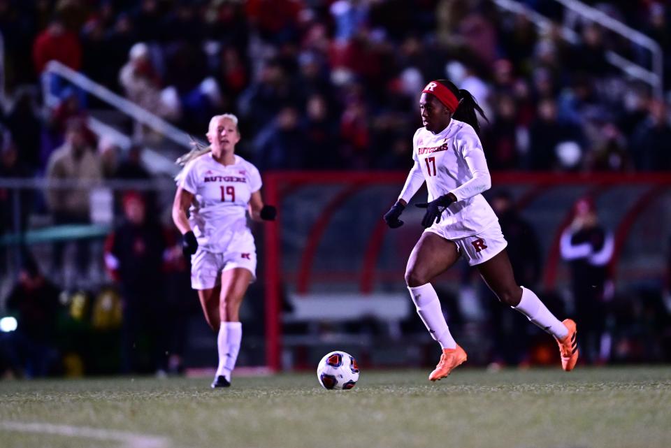 Rutgers' senior Amirah Ali dribbles towards the goal in the NCAA Division I Women's Soccer Tournament during a quarterfinals match against the University of Arkansas at Yurcak Field in Piscataway on Fri., Nov. 26, 2021.