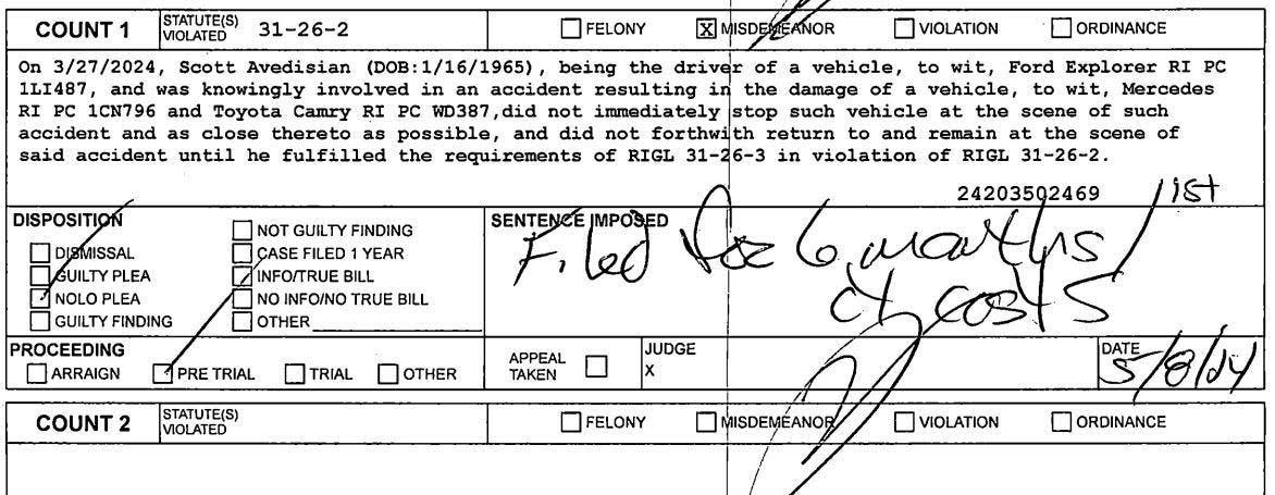 A photo of the notes that judge wrote on the criminal complaint against former RIPTA CEO Scott Avedisian after Avedisian pleaded no contest in District Court, Warwick