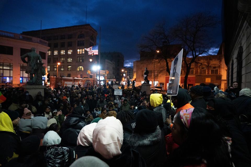 Participants in a rally for Najee Seabrooks outside of Paterson City Hall on Tuesday, March 7, 2023. Najee Seabrooks, a member of the violence intervention group the Paterson Healing Collective, was fatally shot by Paterson police  after a standoff while he was barricaded inside his home.