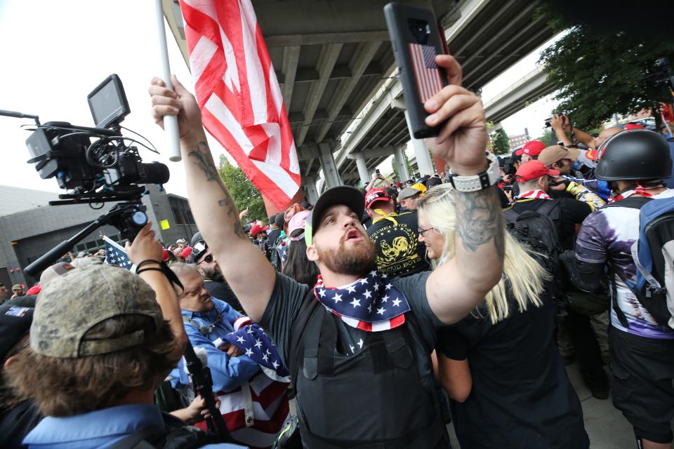 Alt-right groups hold the End Domestic Terrorism rally on August 17, 2019 in Portland, Oregon.