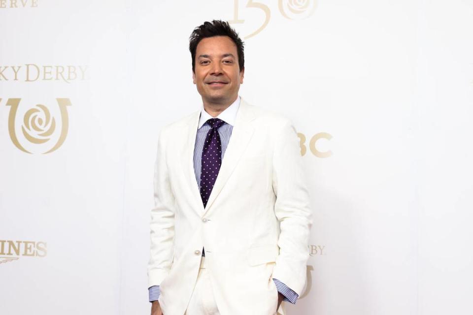 Comedian Jimmy Fallon poses on the red carpet at the Kentucky Derby on Saturday, May 4, 2024, at Churchill Downs in Louisville, Kentucky.