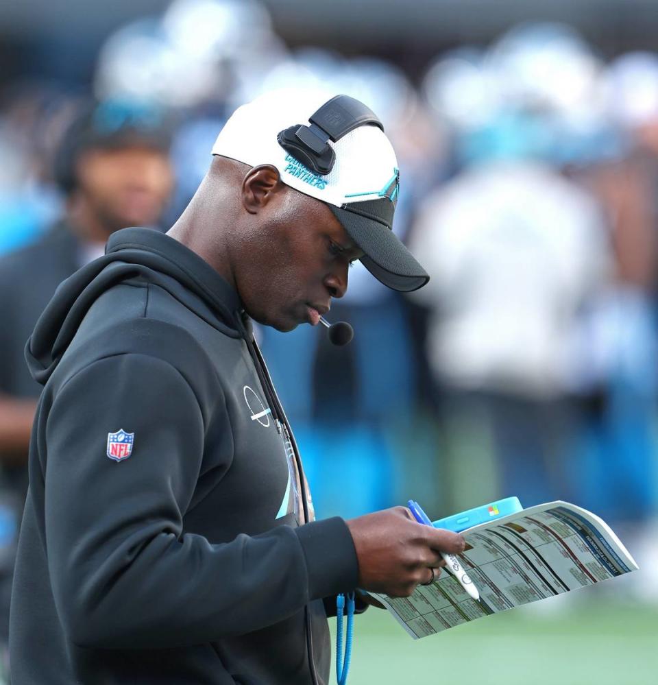 Carolina Panthers Ejiro Evero during second half action at Bank of America Stadium in Charlotte, NC on Sunday, November 19, 2023. The Cowboys defeated the Panthers 33-10.