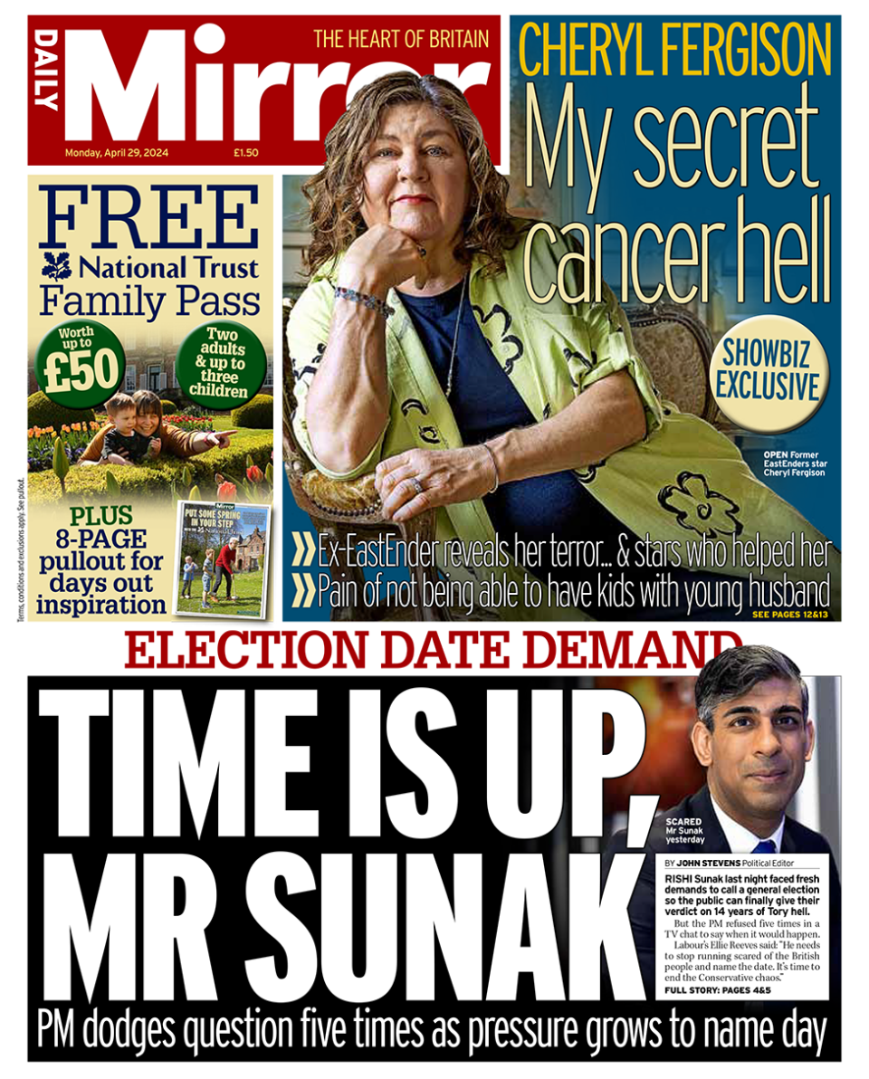 The headline in the Mirror: "Time is up, Mr Sunak".