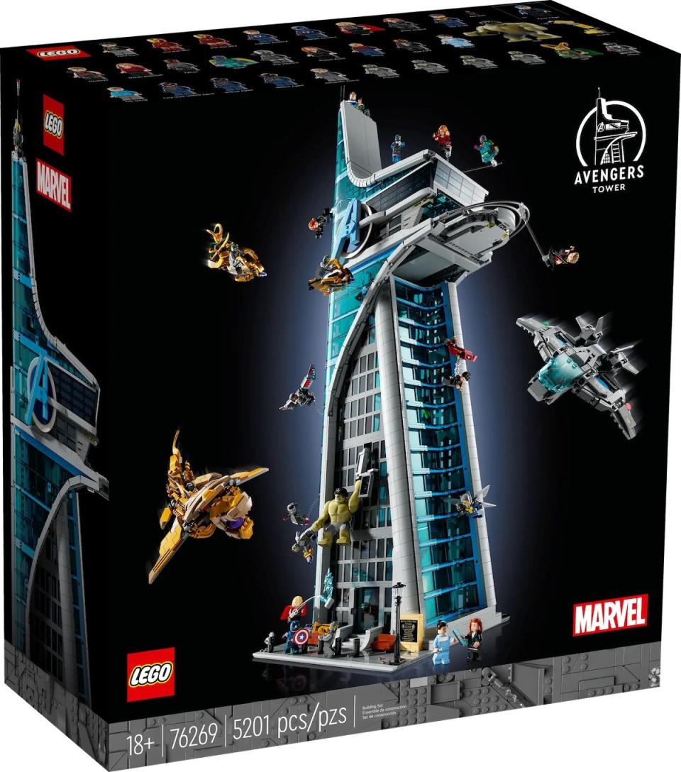 LEGO's Avengers Tower set in a black box with art showing the set in full