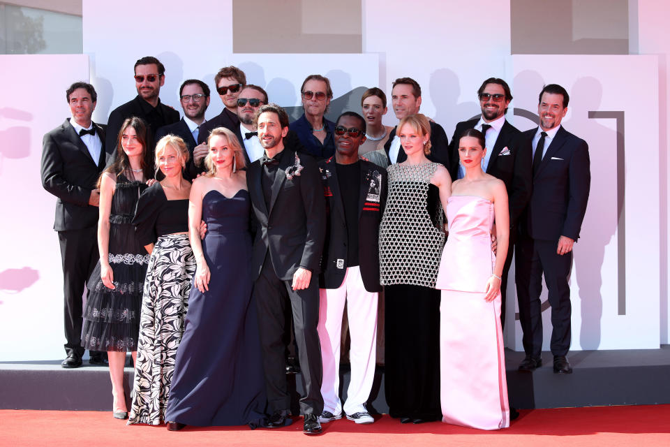 VENICE, ITALY - SEPTEMBER 01: (From L-R back row) Joe Alwyn, Brady Corbet, Guy Pearce, Stacy Martin, Alessandro Nivola (From L-R Front row) Raffey Cassidy, Mona Fastvold, Adrien Brody, Isaach de Bankolé, Emma Laird and Felicity Jones attend the 