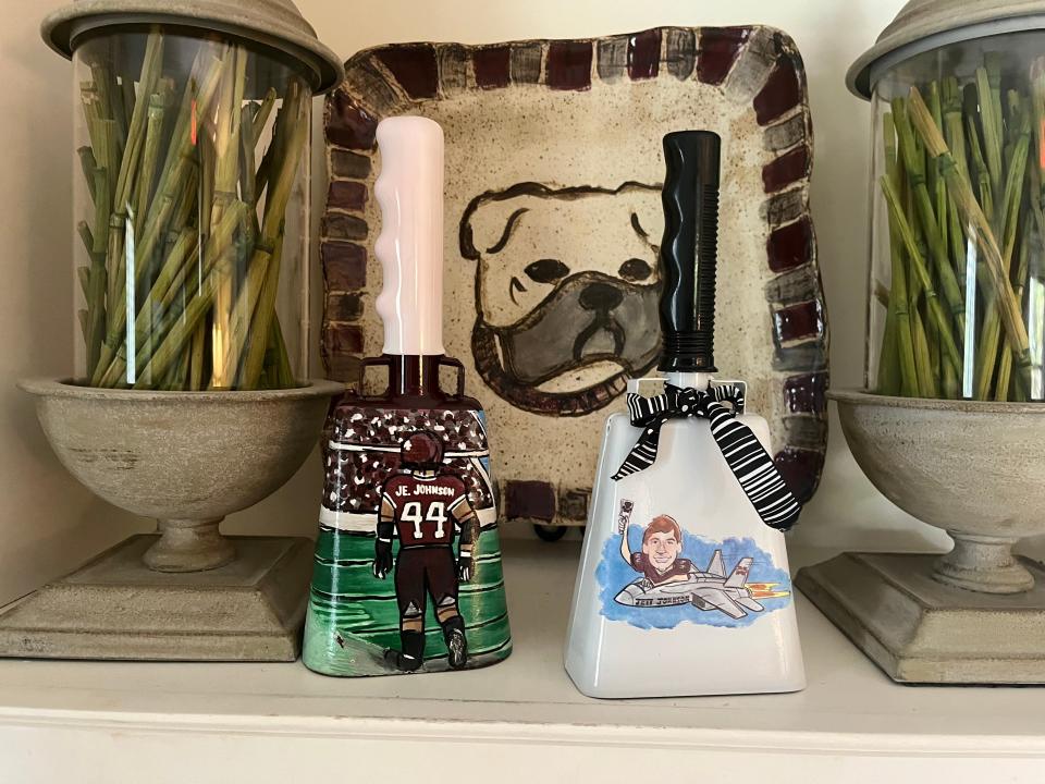 Frances Johnson's cowbells at Mississippi State's Chi Omega house. Her son Jett Johnson is a linebacker on the football team.