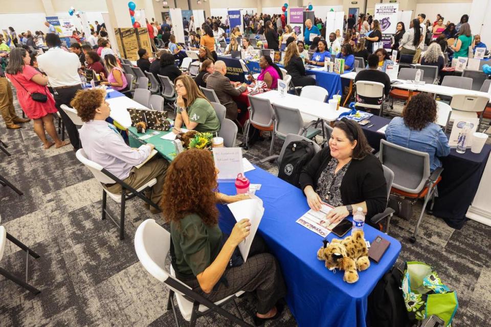 Multiple Fort Worth Independent School District administrators and staff members interview prospective teaching candidates for their district-wide teacher hiring fair at the FWISD Teaching and Learning Center in Fort Worth on Thursday, July 27, 2023.