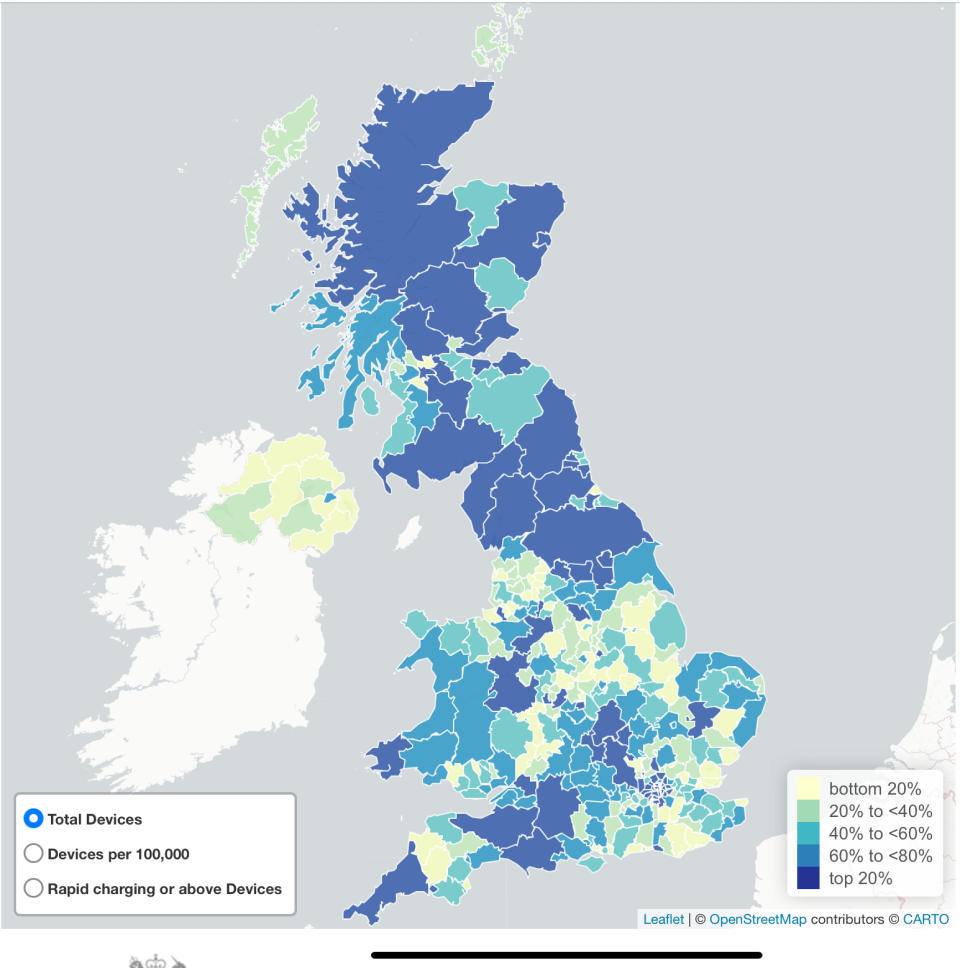 Density of EV chargers by local authority across the Uk. (Department for Transport)