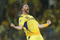 Chennai Super Kings' Richard Gleeson celebrates the wicket of Punjab Kings' Prabhsimran Singh during the Indian Premier League cricket match between Chennai Super Kings and Punjab Kings in Chennai, India, Wednesday, May 1, 2024. (AP Photo/R. Parthibhan)