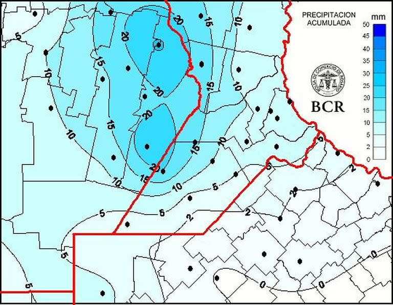 Mapa de lluvias en la región núcleo que comprende el sur de Santa Fe, el sudeste de Córdoba y el norte bonaerense