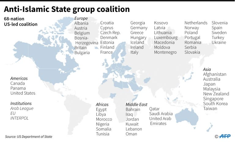 Map showing the 68-nation US-led coalition against the Islamic State group that will meet in Washington Wednesday