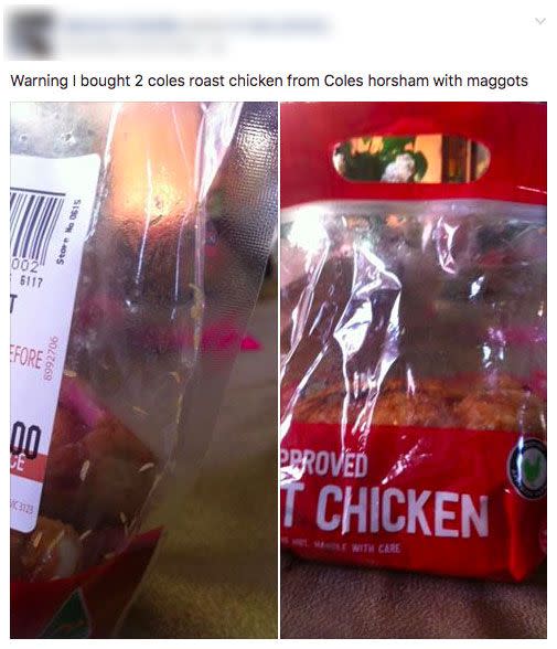 Mr Colville's complaint on the Coles Facebook page posted on Sunday after finding maggots in two chickens. Photo: Facebook.