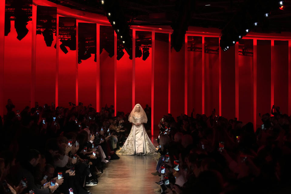 A model wears a creation for Elie Saab as part of the Haute Couture Spring-Summer 2024 collection presented in Paris, Wednesday, Jan. 24, 2024. (AP Photo/Christophe Ena)