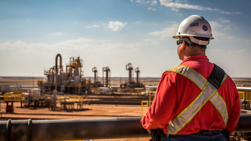 A worker inspecting a state-of-the-art rig in the Permian Basin region.