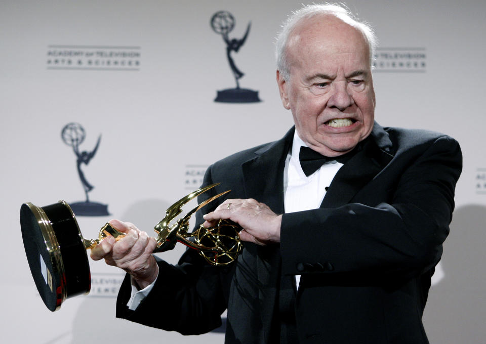 FILE - In this Sept. 13, 2008 file photo, actor Tim Conway poses with his award for Outstanding Guest Actor in a Comedy Series for his work on "30 Rock" in the press room at the Creative Arts Emmy Awards in Los Angeles. Conway, the stellar second banana to Carol Burnett who won four Emmy Awards on her TV variety show, has died, according to his publicist. He was 85. Conway died Tuesday morning, May 14, 2019, after a long illness in Los Angeles, according to Howard Bragman, who heads LaBrea Media. (AP Photo/Matt Sayles, File)