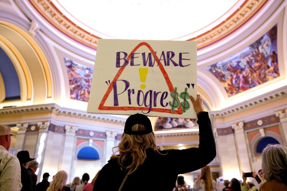 Protesters rally March 23, 2022, against the Oklahoma Turnpike Authority at the Capitol.