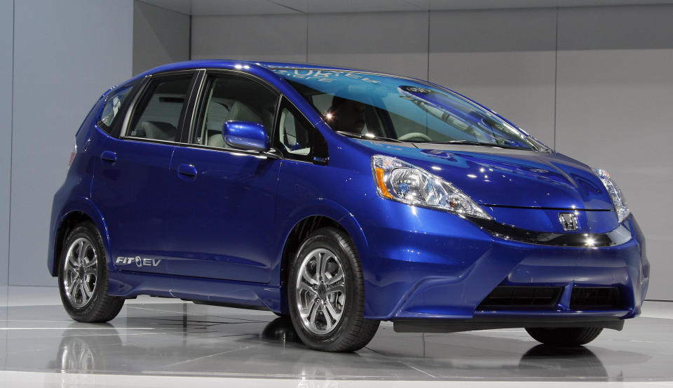 The new all-electric 2013 Honda Fit EV at the Los Angeles Auto Show. (AP Photo/Reed Saxon, File) 