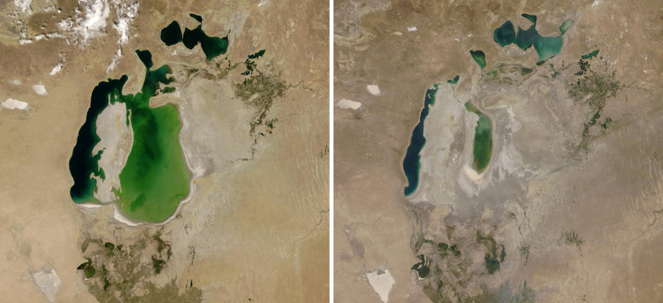 These photos provided by NASA Earth Observatory shows the Aral Sea is visible on Aug. 25, 2000, left, and on Aug. 21, 2018 between Kazakhstan and Uzbekistan. A new study Thursday, May 18, 2023, says climate change’s hotter temperatures and society’s diversion of water have been shrinking the world’s lakes, including the Aral Sea, by trillions of gallons of water a year since the early 1990s. (NASA Earth Observatory via AP)