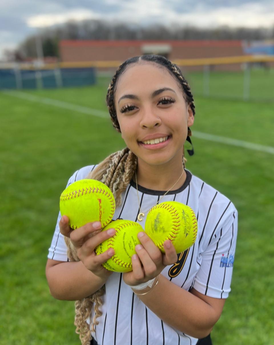 Lettie Sutton became Waverly's leader in career home runs when she hits three homers in the Warriors' CAAC Blue doubleheader sweep of DeWitt on Thursday, April 18, 2024.