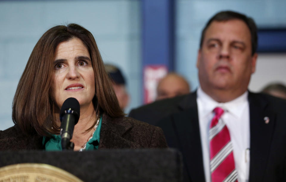 New Jersey First Lady Mary Pat Christie, left, talks during a news conference while standing next to her husband, Gov. Chris Christie, Monday, Nov. 26, 2012, in Middletown, N.J. Gov. Christie announced he will seek re-election to a second term. Christie says he want New Jerseyans to know that he's "in this for the long haul" as he leads the state's recovery from Superstorm Sandy. (AP Photo/Julio Cortez)