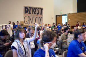 A protester with brown short hang and bangs wearing a keffiyeh (black and white scarf) holds a sign that says "divest from genocide" among a crowd of people. 