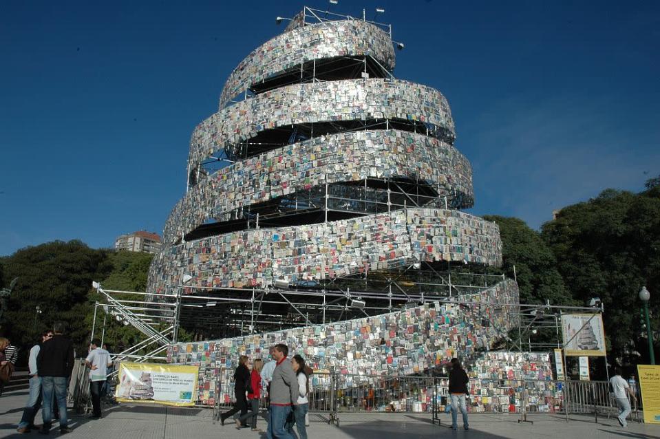 General view of the Babel Book Tower, a work of art made by the Argentine pop artist Marta Minujin at Plaza San Martin in Buenos Aires, Argentina. Over 30,000 books in different languages were used to build this 25-metre-tall tower, which was dismantled after display.