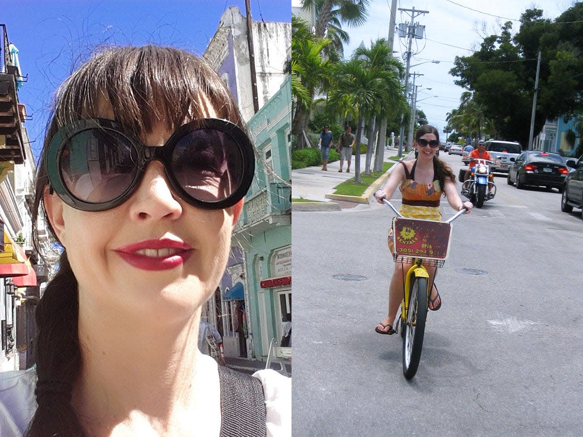 sharon waugh selfie left, sharon on bike right