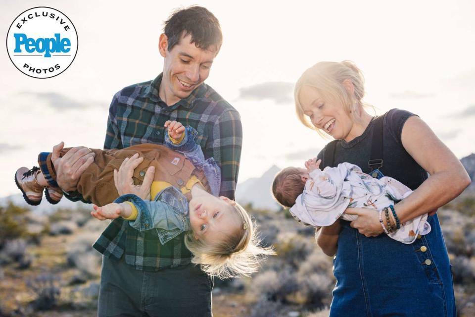 <p>National Geographic/Eliza Earle</p> Alex Honnold and Sanni Honnold with daughters June and Alice