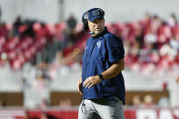 Georgia Southern coach Chad Lunsford watches his team during the second half of an NCAA college football game Saturday, Sept. 18, 2021, in Fayetteville, Ark. (AP Photo/Michael Woods)