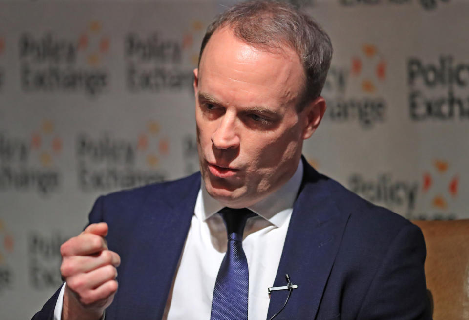 Foreign Secretary Dominic Raab during a Policy Exchange event in Westminster, London.