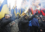 <p>Ukrainian activists from different right parties (Right Sector,National corps,and Freedom party) and their supporters attend “National Dignity march” in center of Kiev, Ukraine, Feb. 22, 2017. (Stringer/NurPhoto via Getty Images) </p>