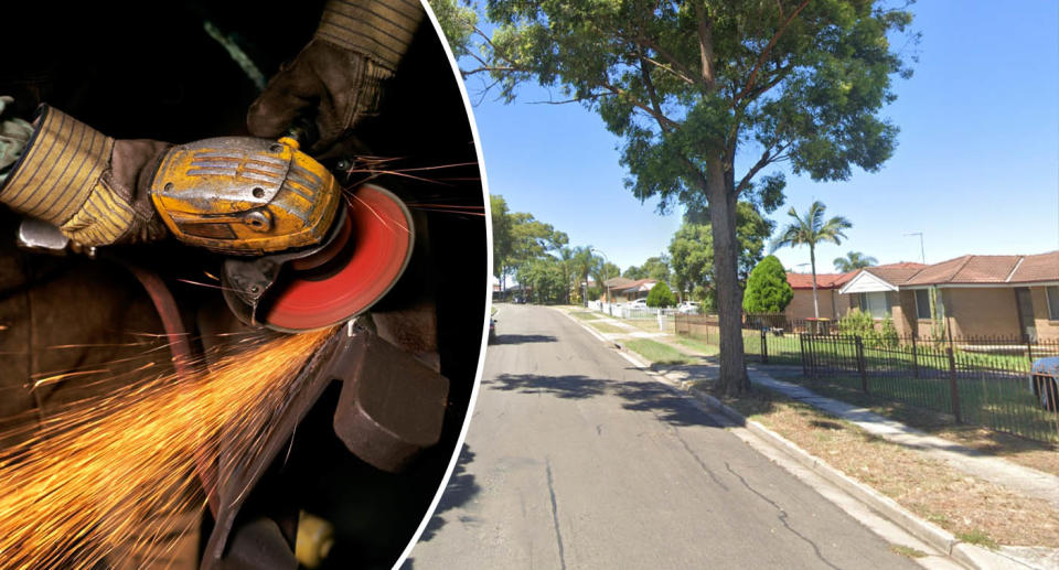 An angle grinder (left) and the street where the accident occurred (right).