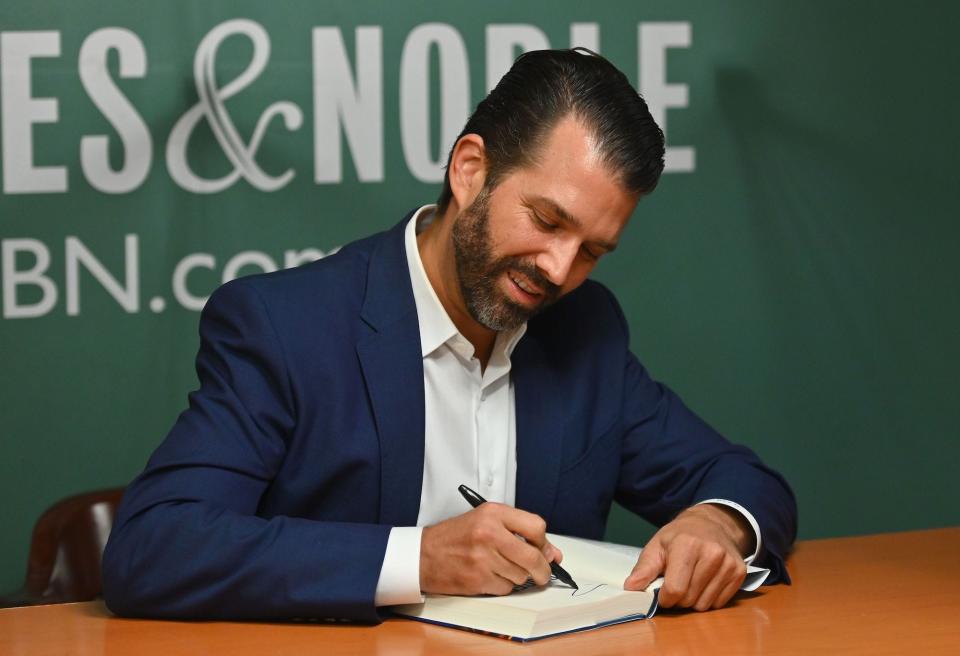 Donald Trump Jr., signs his new Book "Triggered: How the Left Thrives on Hate and Wants to Silence Us" at Barnes & Noble on 5th Avenue on November 5, 2019 in New York.