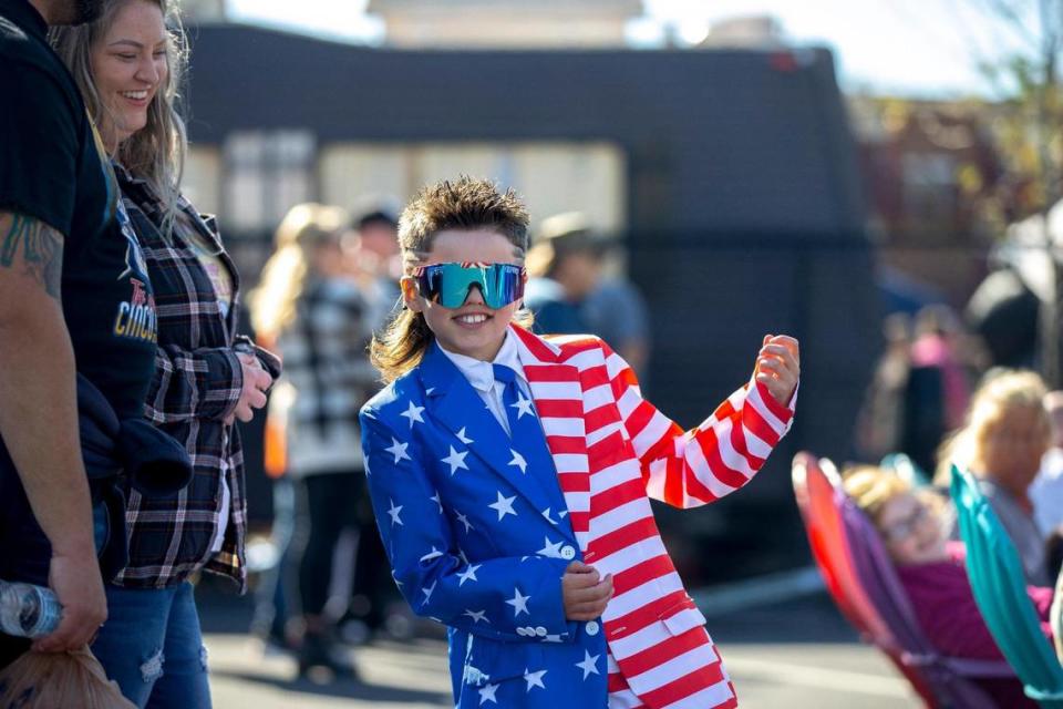 Kannon Crum, 10, poses for a photo before competing in the mullet competition during the 2021 Mt. Sterling Court Day Festival on Saturday.