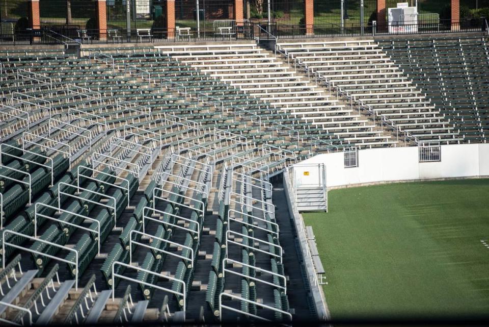 Seats at Jerry Richardson Stadium are empty on the campus of UNC-Charlotte on Monday, July 20, 2020.