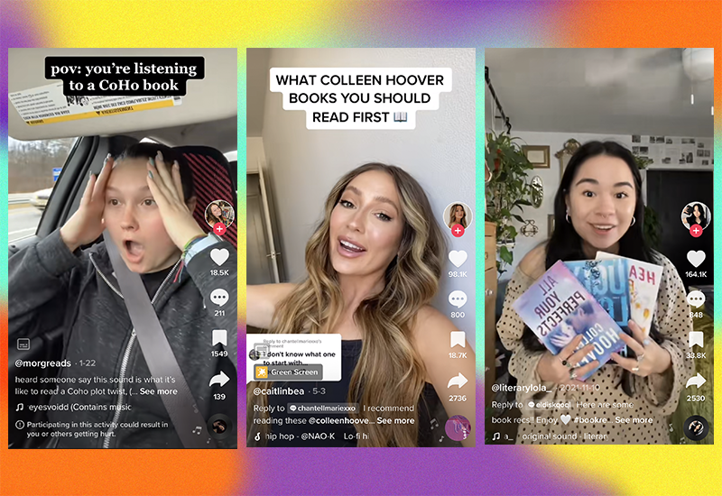 Screenshots from three #coho BookTok users @morgreads, @caitlinbea, and @literarylola_