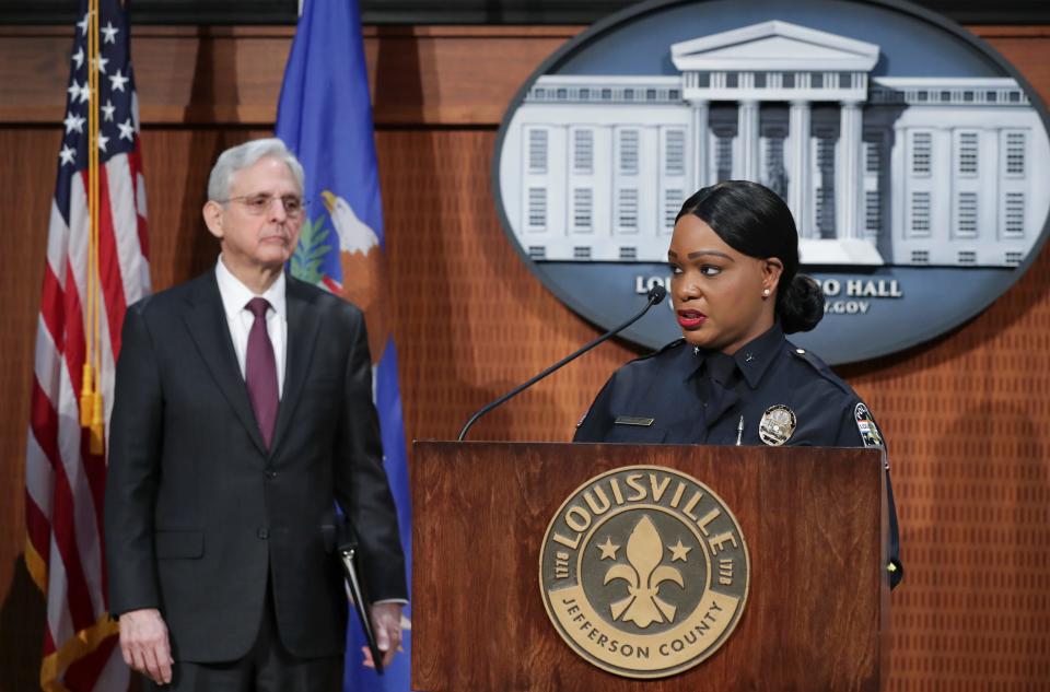 Louisville Interim Police Chief Jacquelyn Gwinn-Villaroel, right, made remarks as she was joined by U.S. Attorney General Merrick Garland to announce findings of a sweeping investigation of the Louisville Metro Police Department at Metro Hall in Louisville, Ky. on March 8, 2023.