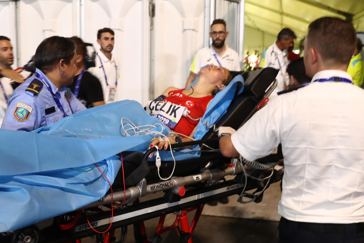 DOHA, QATAR - SEPTEMBER 27: Fadime Çelik of Turkey is taken off on a gurney during the Women's Marathon on day one of 17th IAAF World Athletics Championships Doha 2019 at Khalifa International Stadium on September 27, 2019 in Doha, Qatar. (Photo by Alexander Hassenstein/Getty Images for IAAF)