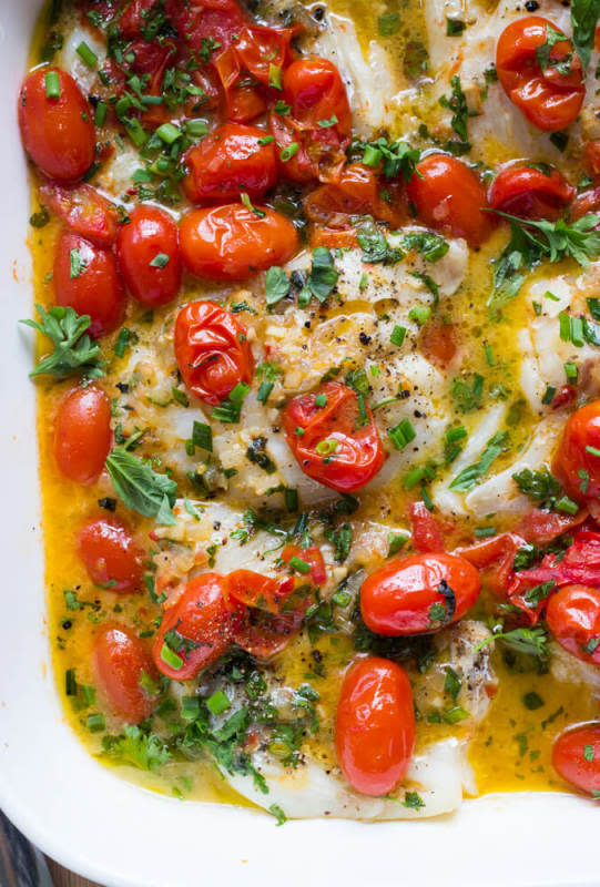 <p>Little Broken</p><p>Most tender, flakiest and flavorful cod you will ever make! This tomato and herb butter complements the mild tasting cod in the most delicious way ever.</p><p><strong>Get the recipe: <a href="https://www.littlebroken.com/cod-with-tomato-and-herb-butter/" rel="nofollow noopener" target="_blank" data-ylk="slk:Cod with Tomato and Herb Butter;elm:context_link;itc:0;sec:content-canvas" class="link rapid-noclick-resp"><em>Cod with Tomato and Herb Butter</em></a></strong></p>